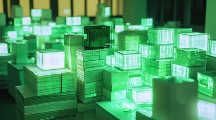 A vibrant, abstract representation of a cityscape made up of illuminated geometric blocks.