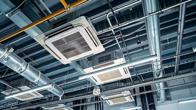 A view of a modern air conditioning system with visible ducts and cooling units mounted on the ceiling of a commercial space.
