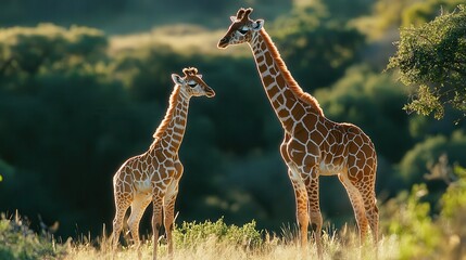 Obraz premium Mother and Baby Giraffes in Natural Habitat Under Warm Sunlight
