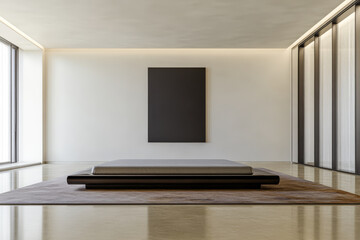 Fototapeta premium Modern minimalist room with a black artwork and a simple bed in a bright space