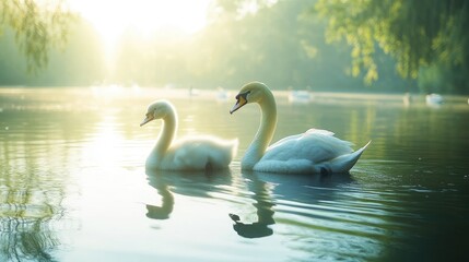 Obraz premium Three cygnets swim in a shallow, greenish pond surrounded by tall grasses.