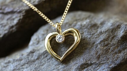 A modern gold heart pendant with a unique curved design and a diamond accent resting on a cushion.