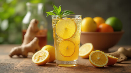 Fototapeta premium A tall glass filled with a bubbly lemon ginger beverage garnished with mint leaves sits on a wooden table surrounded by fresh lemons and other citrus fruits, highlighting a vibrant kitchen atmosphere