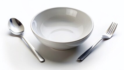 White Bowl with Spoon and Fork - Clean Minimalist Tableware Stock Photo