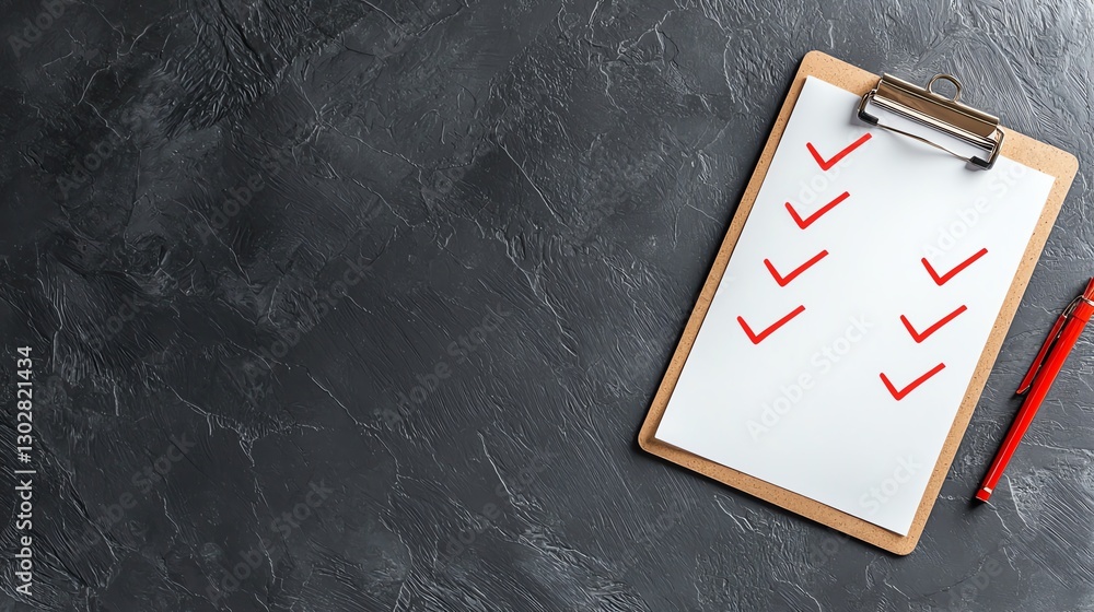 Poster top view of a clipboard with a checklist on a dark surface, accompanied by a red pen, emphasizing or