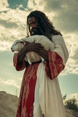 Fototapeta premium Man in Historical Garb Holding Sheep Against Cloudy Sky Background