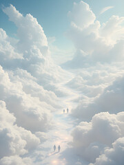 Serene Paradise: Endless White Clouds, Glowing Pathways, and Floating Angelic Beings in a Tranquil Realm.