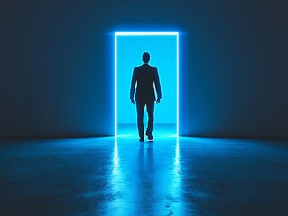 Obraz premium Businessman silhouette in front of blue glowing light door, empty room, entering unknown career choice, future opportunities, dream of success
