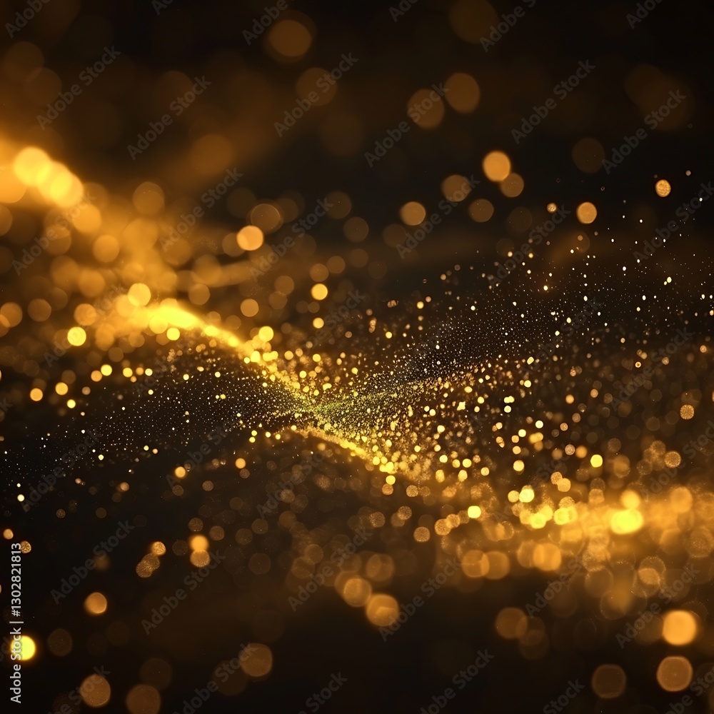 Poster golden bokeh lights on a dark backdrop, creating a luxurious, sparkling, and abstract texture for el