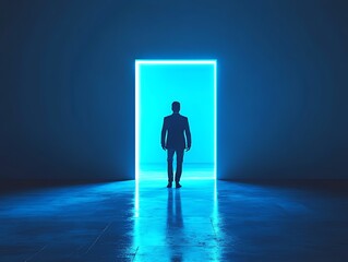 Obraz premium Businessman silhouette in front of blue glowing light door, empty room, entering unknown career choice, future opportunities, dream of success