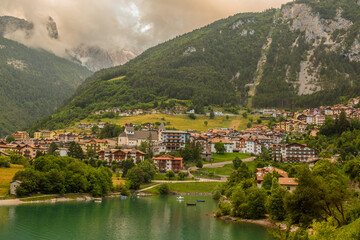 Beautiful traditional summer view in Molveno, Trentino Alto Adige, Italy, scenic village, lake, and...