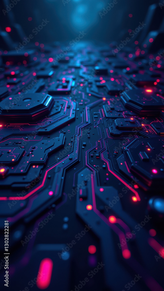 Poster futuristic digital infrastructure with neon-lit circuit boards, representing a modern cloud computin