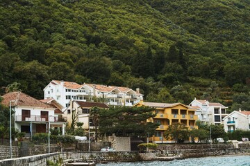 Coastal village by mountains and water