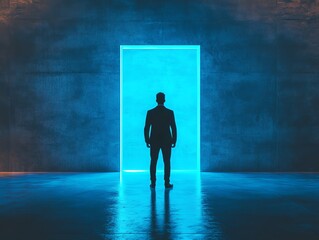 Obraz premium Silhouette of businessman standing before blue glowing door, empty room, stepping into mystery, future opportunity, dream of career success