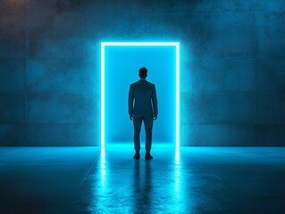 Obraz premium Silhouette of businessman standing before blue glowing door, empty room, stepping into mystery, future opportunity, dream of career success