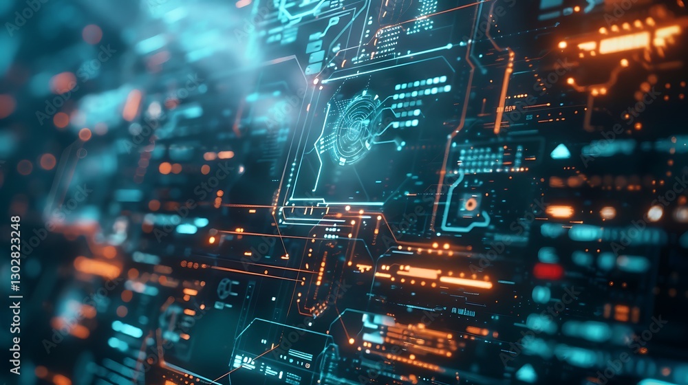 Poster complex digital interface with glowing blue and orange elements, displaying futuristic data and tech