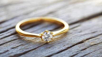 A sleek and modern gold ring with a small diamond placed on a wooden surface.