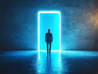 Obraz premium Silhouette of businessman in front of glowing white question mark, doubt, uncertainty about leadership decision, confusion, thinking deeply