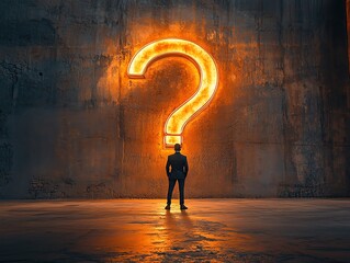 Silhouette of businessman with large glowing question mark, doubt and uncertainty, decisionmaking challenges, confusion about leadership