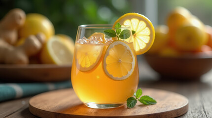 Fototapeta premium A vibrant glass filled with iced lemon drink garnished with mint leaves and lemon slices rests on a wooden table. A backdrop of fresh citrus fruits enhances the refreshing scene