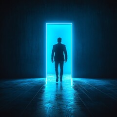 Obraz premium Back rearview of businessman with blue glowing light door, empty room, future opportunity, stepping alone into mystery career path and success