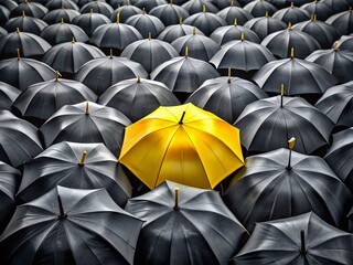 Yellow Umbrella, Black Umbrellas, Crowd, Individuality, Creative