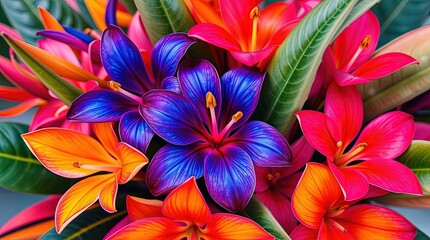 Fototapeta premium Vibrant tropical flowers collection with blue iris and orange lilies for exotic event marketing, summer party invitations, floral blogs, and tropical destination advertising