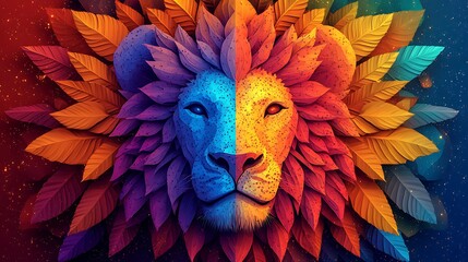 Abstract lion head, vibrant colors, leaves, artistic design, digital art