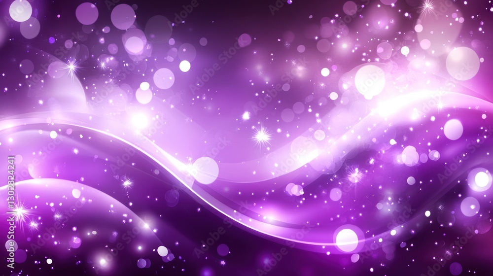 Poster abstract purple sparkle background with bokeh lights and wavy design