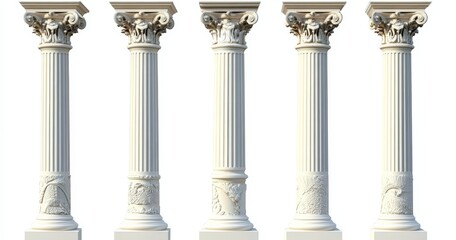 Naklejka premium Five Corinthian Columns 3D Render, Architectural Design, Classical Ornament, White Marble, Relief Carving. Corinthian, Columns