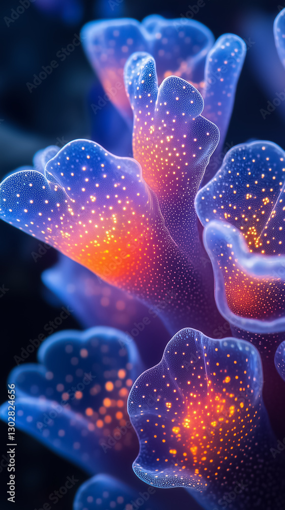 Poster colorful, abstract digital forms emerge, mimicking coral structures, illuminated with tiny specks of