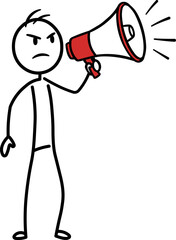 Minimalist illustration of a grumpy stick man with a megaphone