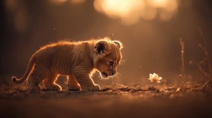 Playful Lion Cub Approaches Delicate Flower in Golden Light