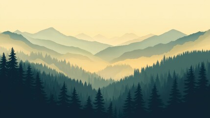 Obraz premium The Mountain Landscape of Pine Forests Shrouded in Morning Mist: A Natural Background