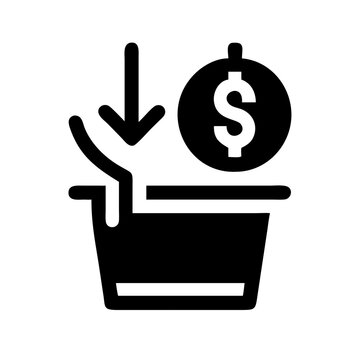 Bargain bin icon showing prices dropping with currency symbol illustrating discounted shopping