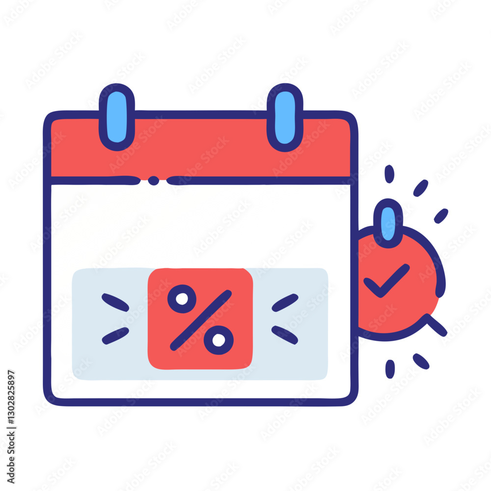 Poster clearance event icon featuring a calendar with a percentage symbol and alarm clock design to indicat
