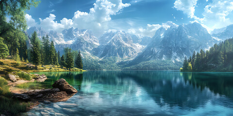 Naklejka premium Serene Painting of a Majestic Mountain with a Tranquil Lake in the Background