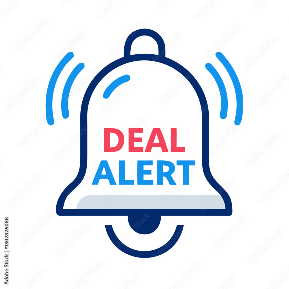 Poster create excitement with a vibrant deal alert bell icon designed as a simple vector graphic to notify 