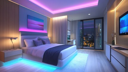 Modern Bedroom Design with Led Lighting and City View at Night
