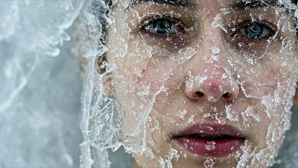 Frozen woman trapped in ice with blue eyes