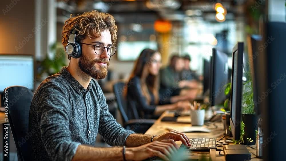 Poster modern workplace: a focused professional works intently at his desk, hands typing swiftly on the key