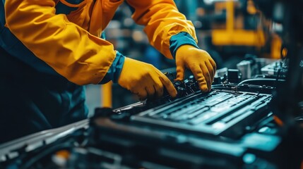 Mechanic's hands repair car engine. Illustrates automotive repair, maintenance, and service.