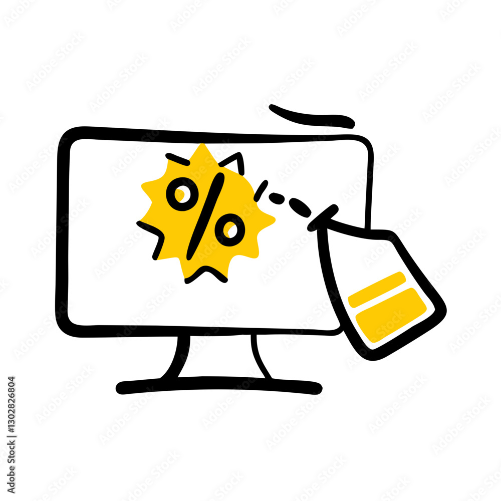 Aufkleber vector icon representing an online sale with a discount tag and percentage symbol on a computer scre