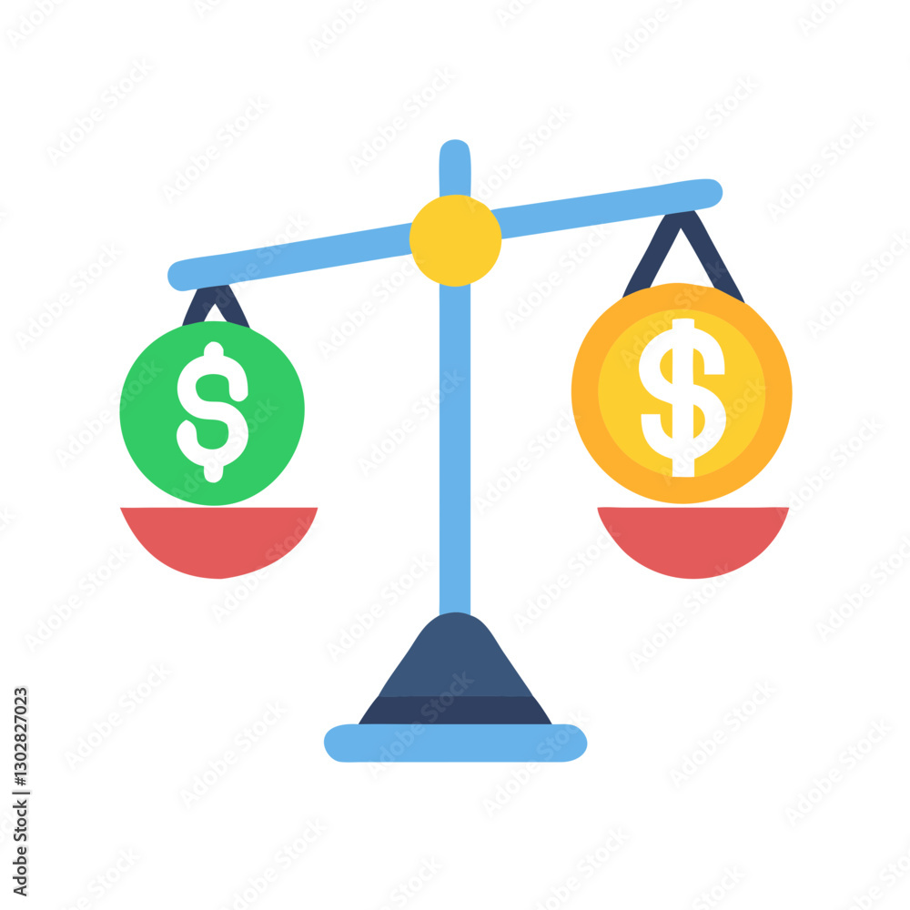 Poster visual representation of price comparison illustrating the balance between two currency symbols on a