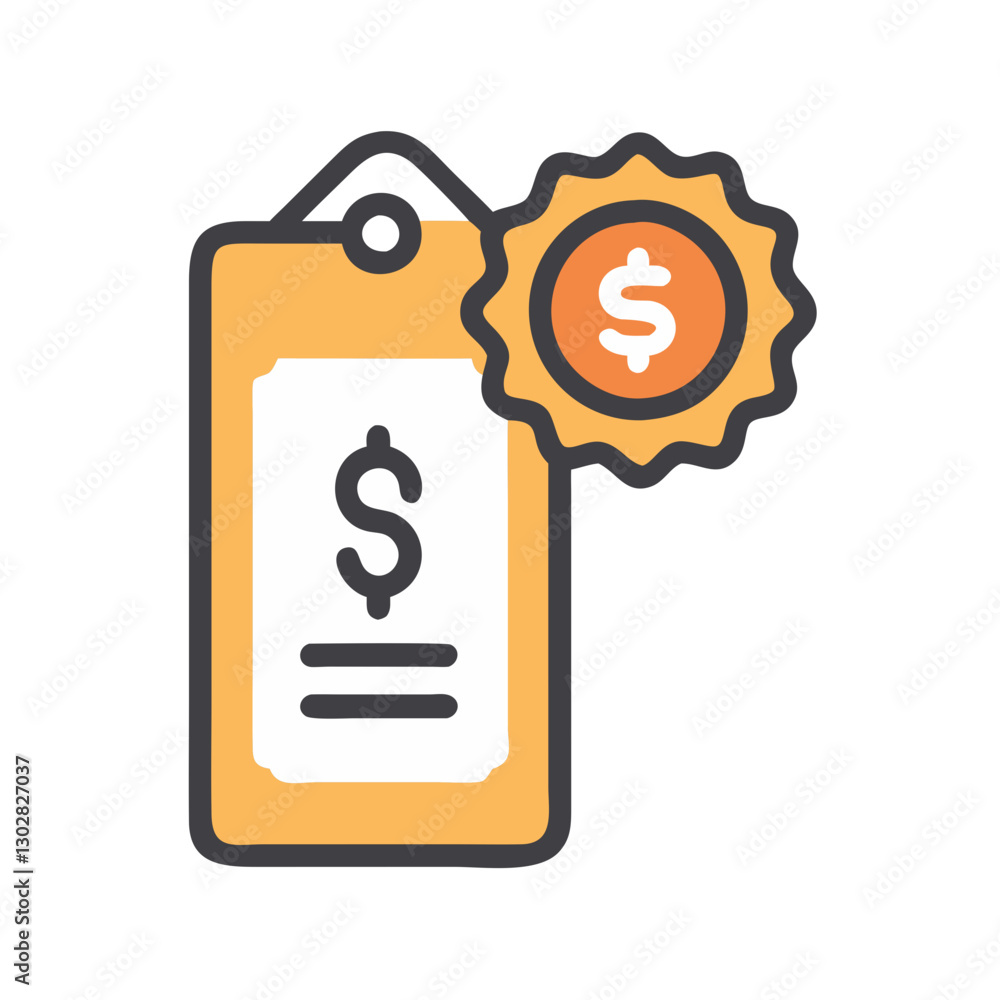 Poster vector icon depicting a price check tag with a currency symbol and badge, suitable for discount and 