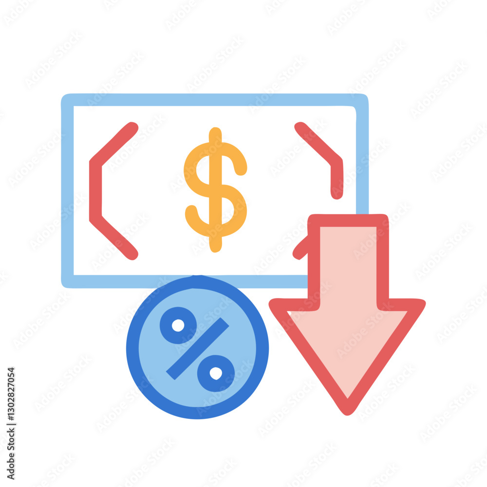 Poster vector icon illustrating price drop with currency note and downward arrow