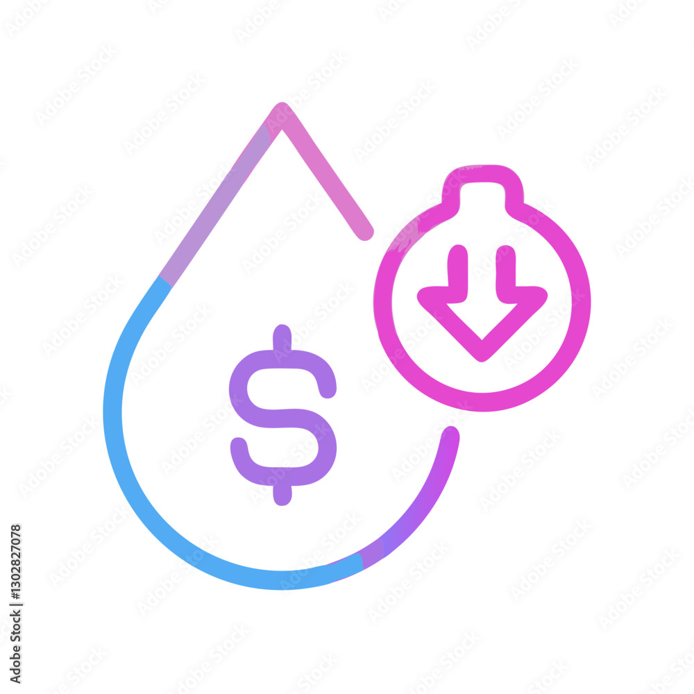 Poster vector icon representing a price drop symbolized by a dollar sign within a droplet and a downward ar