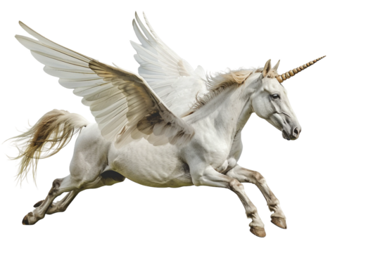 Flying unicorn with large wings isolated on transparent background