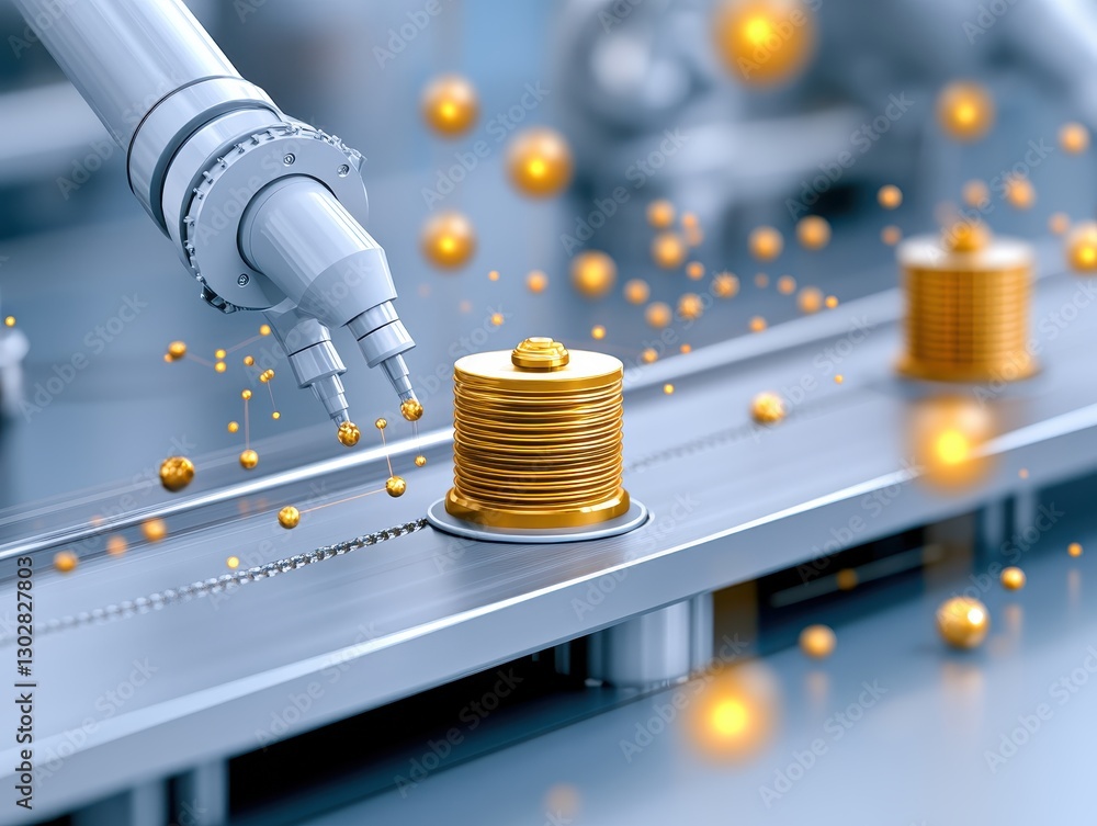Poster robotic arm assembling golden canisters on a production line with dynamic effects