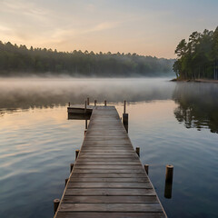 Fototapeta premium A calm lakeside dock extending into still water, surrounded by mist and reflecting the soft colors of sunrise. 